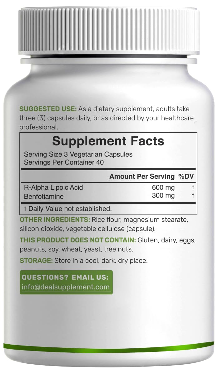 DEAL SUPPLEMENT R Alpha Lipoic Acid 600mg with Benfotiamine 300mg Per Serving, 120 Veggie Capsules – 200mg R-ALA Per Capsule – Antioxidant Supplement - FENGGESTORE20