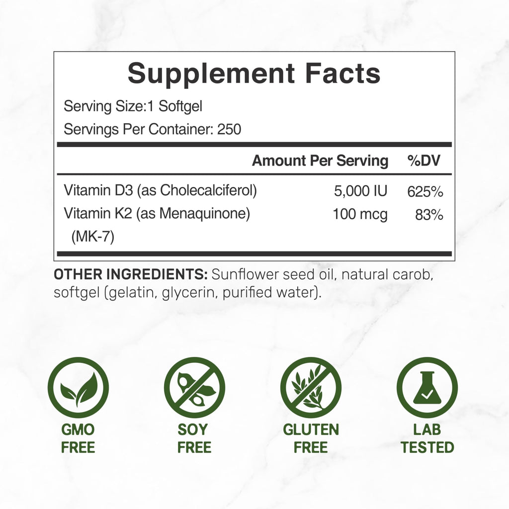 DEAL SUPPLEMENT Vitamin D3 5,000 IU + K2 MK7 Softgels, 250 Count | 2-in-1 Complex | Easy to Swallow - FENGGESTORE20