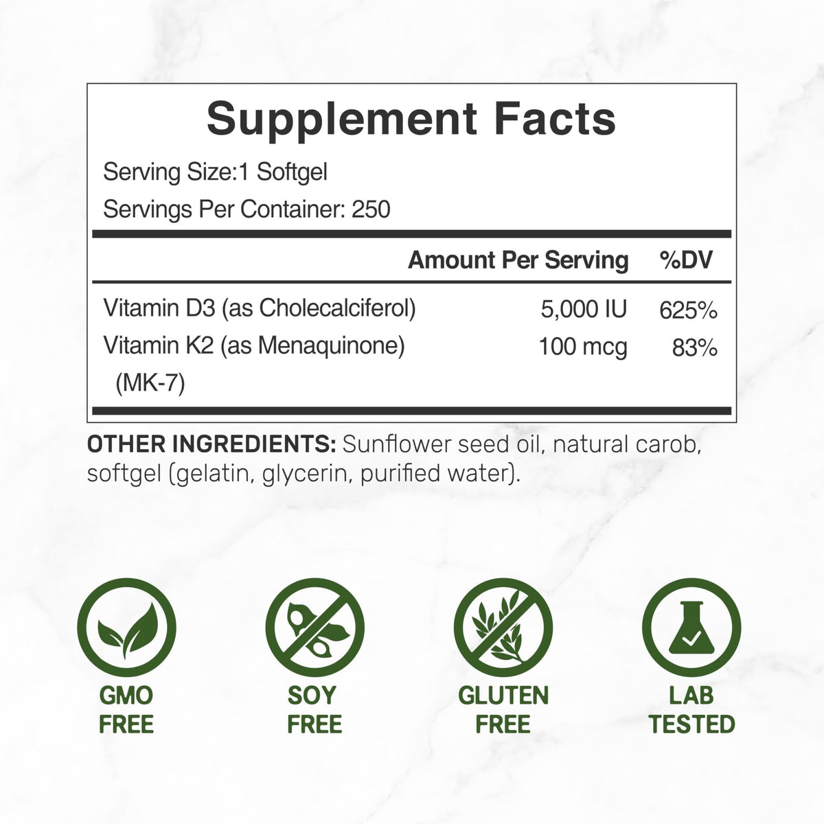 DEAL SUPPLEMENT Vitamin D3 5,000 IU + K2 MK7 Softgels, 250 Count | 2-in-1 Complex | Easy to Swallow - FENGGESTORE20