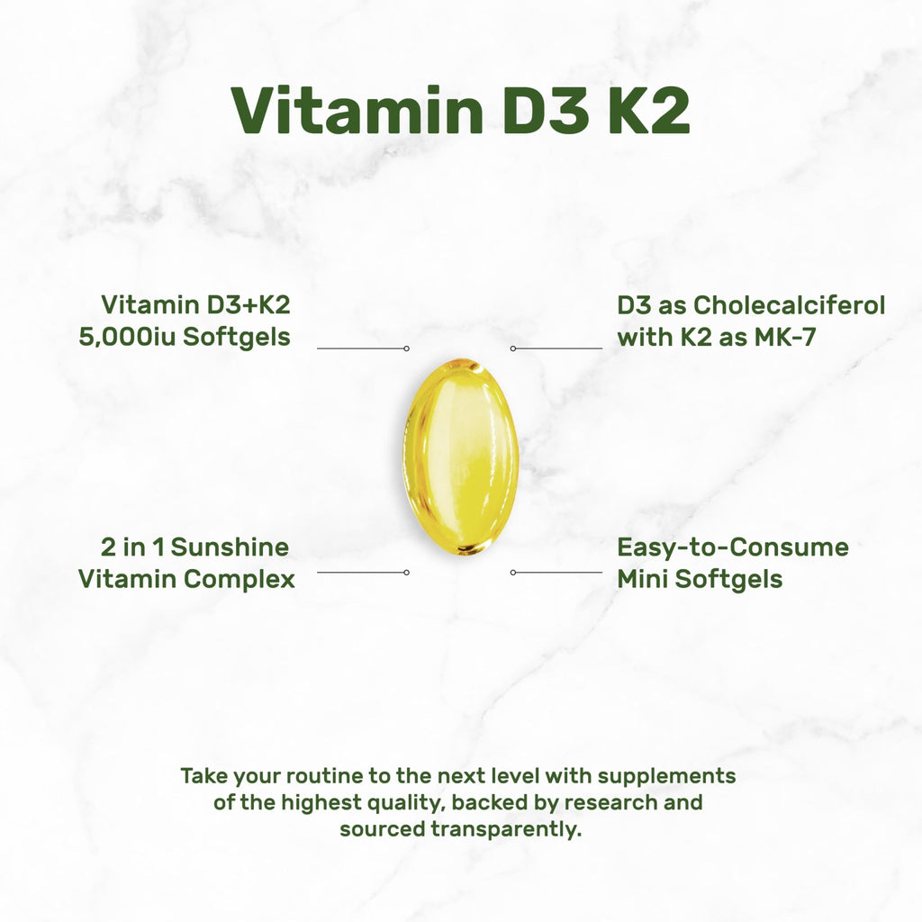 DEAL SUPPLEMENT Vitamin D3 5,000 IU + K2 MK7 Softgels, 250 Count | 2-in-1 Complex | Easy to Swallow - FENGGESTORE20