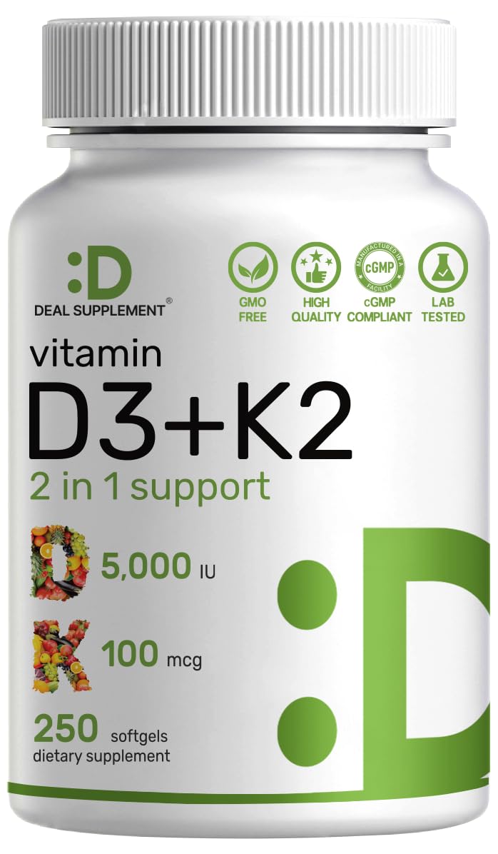 DEAL SUPPLEMENT Vitamin D3 5,000 IU + K2 MK7 Softgels, 250 Count | 2-in-1 Complex | Easy to Swallow - FENGGESTORE20