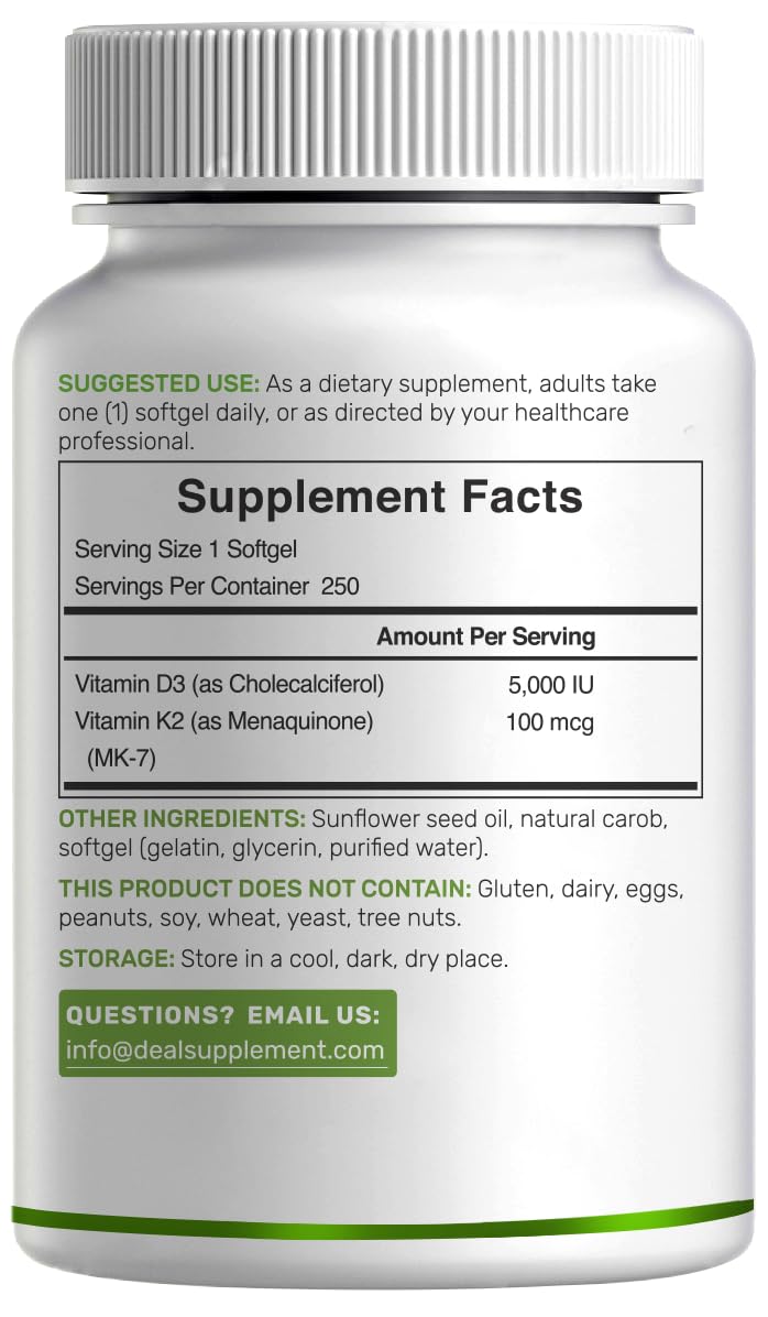 DEAL SUPPLEMENT Vitamin D3 5,000 IU + K2 MK7 Softgels, 250 Count | 2-in-1 Complex | Easy to Swallow - FENGGESTORE20