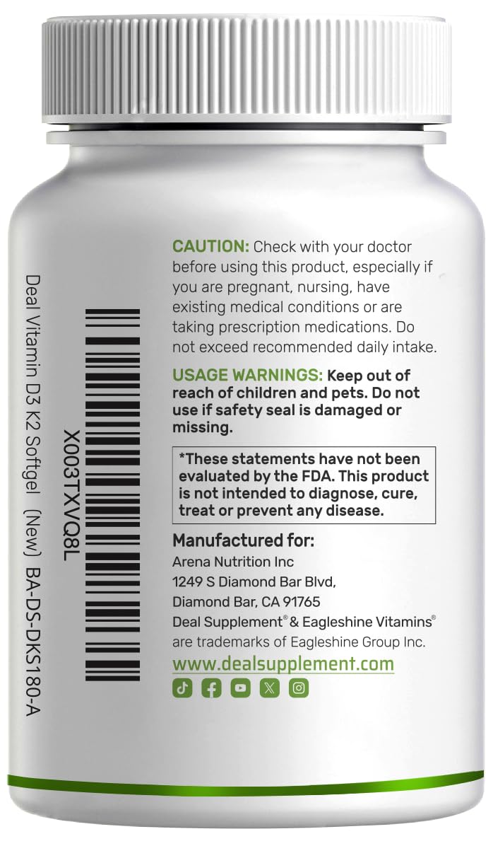 DEAL SUPPLEMENT Vitamin D3 5,000 IU + K2 MK7 Softgels, 250 Count | 2-in-1 Complex | Easy to Swallow - FENGGESTORE20