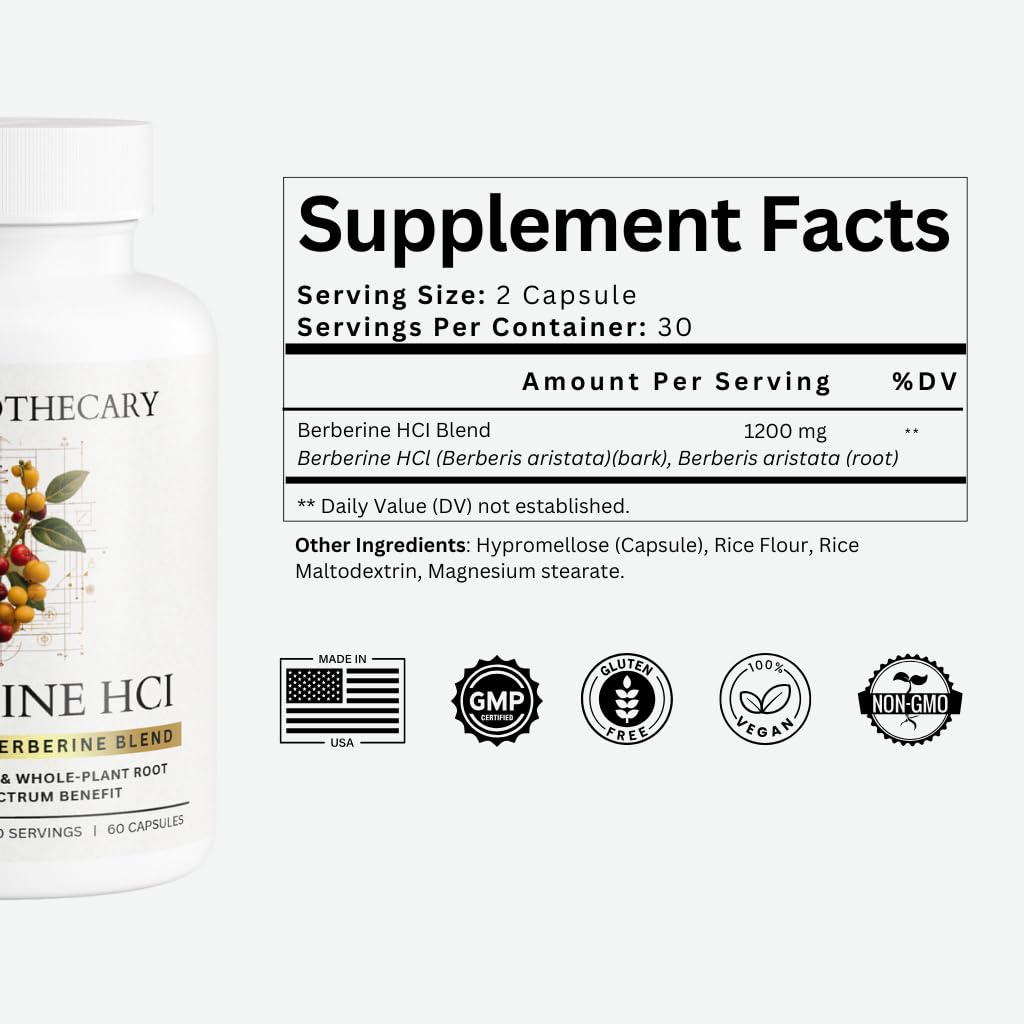 Dear Apothecary Berberine HCl 1200mg Supplement - Dual Source Bark & Root Extract - Berberis Aristata - USA Grown Botanical Extract - FENGGESTORE20
