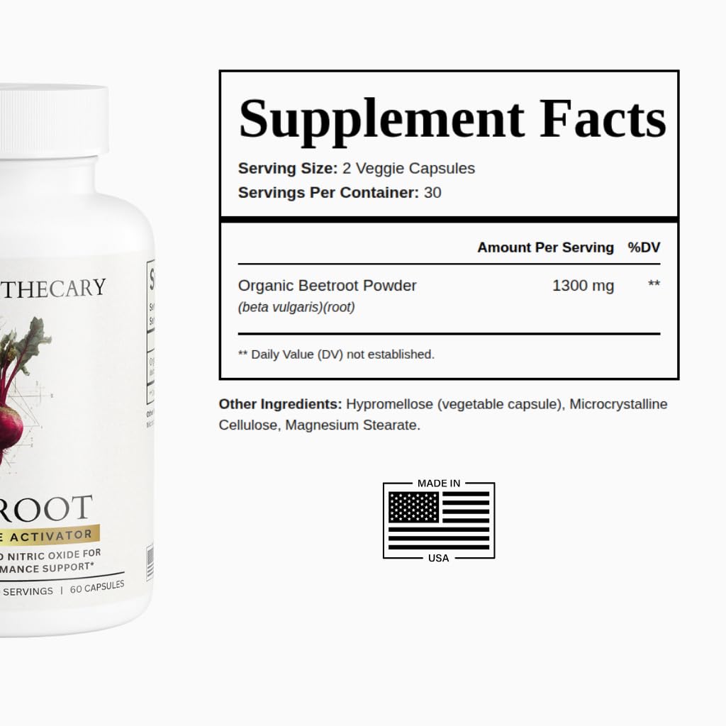 Dear Apothecary Organic Beetroot Capsules | 1300mg Beet Root Powder | Nitric Oxide Precursor | 60 Vegetarian Capsules | Non-GMO, Gluten Free, Vegan - FENGGESTORE20