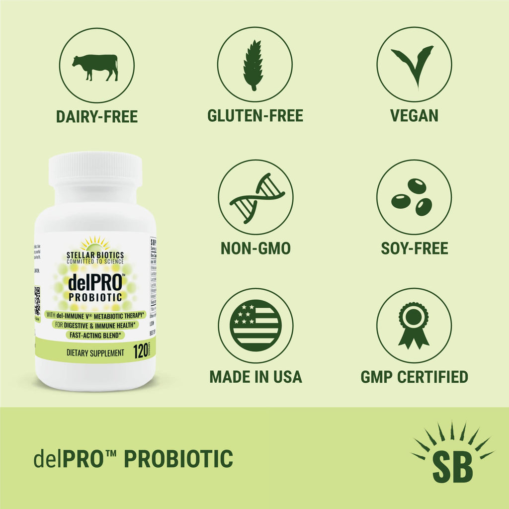 Del-Immune V® + Delpro Probiotic & Prebiotic Blend by Stellar Biotics - Promotes Optimal Gut Health, Digestion, Immune Support & Mood (120 Capsules) - FENGGESTORE20