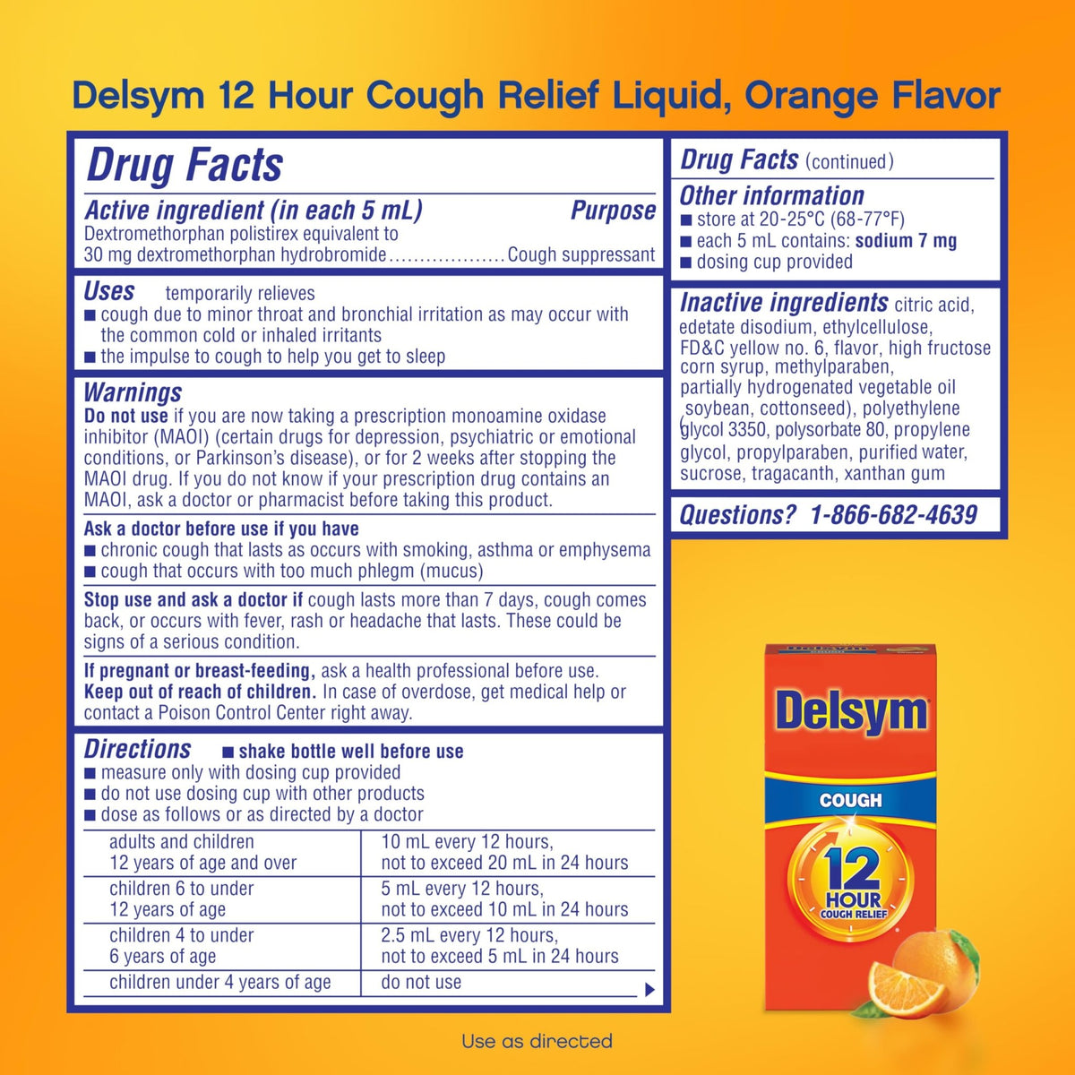 Delsym 12 Hour Cough Medicine for Adults, Powerful Relief for 12 Hours, Cough Suppressant Liquid with Extended-Release Dextromethorphan, Orange Flavor Liquid Cough Syrup, 5 Fl Oz (Pack of 1) - FENGGESTORE20
