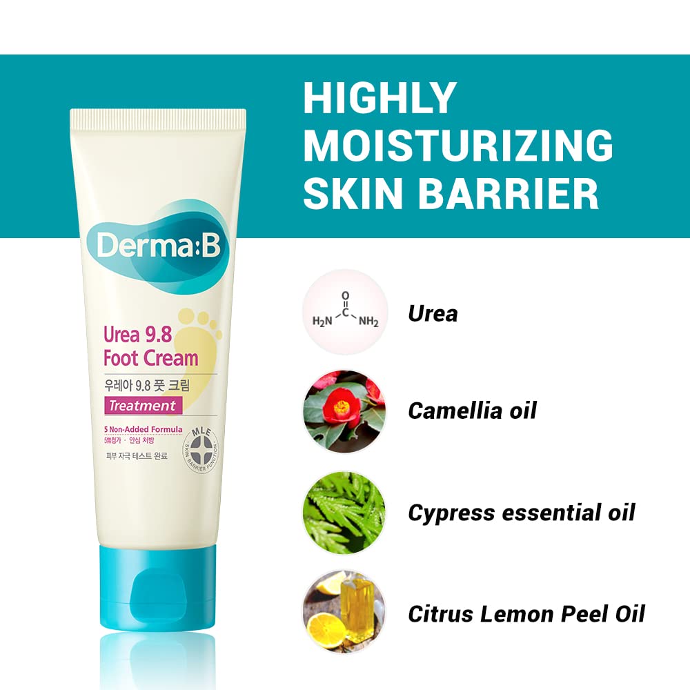 Derma B | Urea 9.8% Foot Cream | Foot Lotion for Dry Cracked Heel Treatment | Camellia Oil, Urea Cream for Feet | Hypoallergenic Leg Cream for Sensitive Skin | Woody Scent Foot Care | 2.7 fl oz (80ml) - FENGGESTORE20