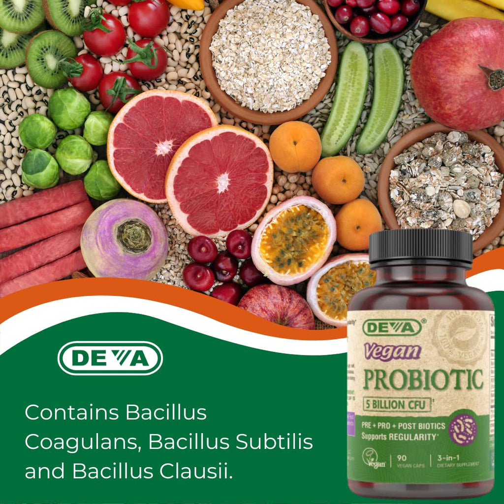 DEVA Vegan Probiotic Supplement - Pre, Pro, and Postbiotics for Digestive Health, 5 Billion CFU, Soil-Based, Spore-Forming, Dairy Free, FOS Prebiotics - FENGGESTORE20