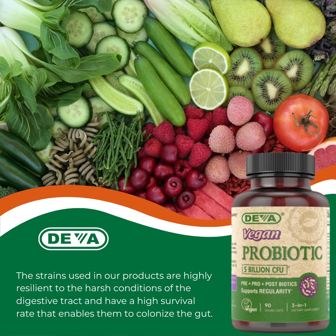 DEVA Vegan Probiotic Supplement - Pre, Pro, and Postbiotics for Digestive Health, 5 Billion CFU, Soil-Based, Spore-Forming, Dairy Free, FOS Prebiotics - FENGGESTORE20