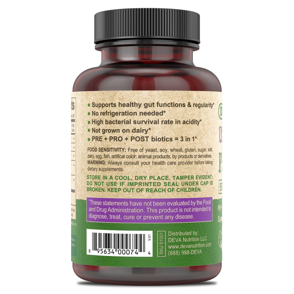 DEVA Vegan Probiotic Supplement - Pre, Pro, and Postbiotics for Digestive Health, 5 Billion CFU, Soil-Based, Spore-Forming, Dairy Free, FOS Prebiotics - FENGGESTORE20