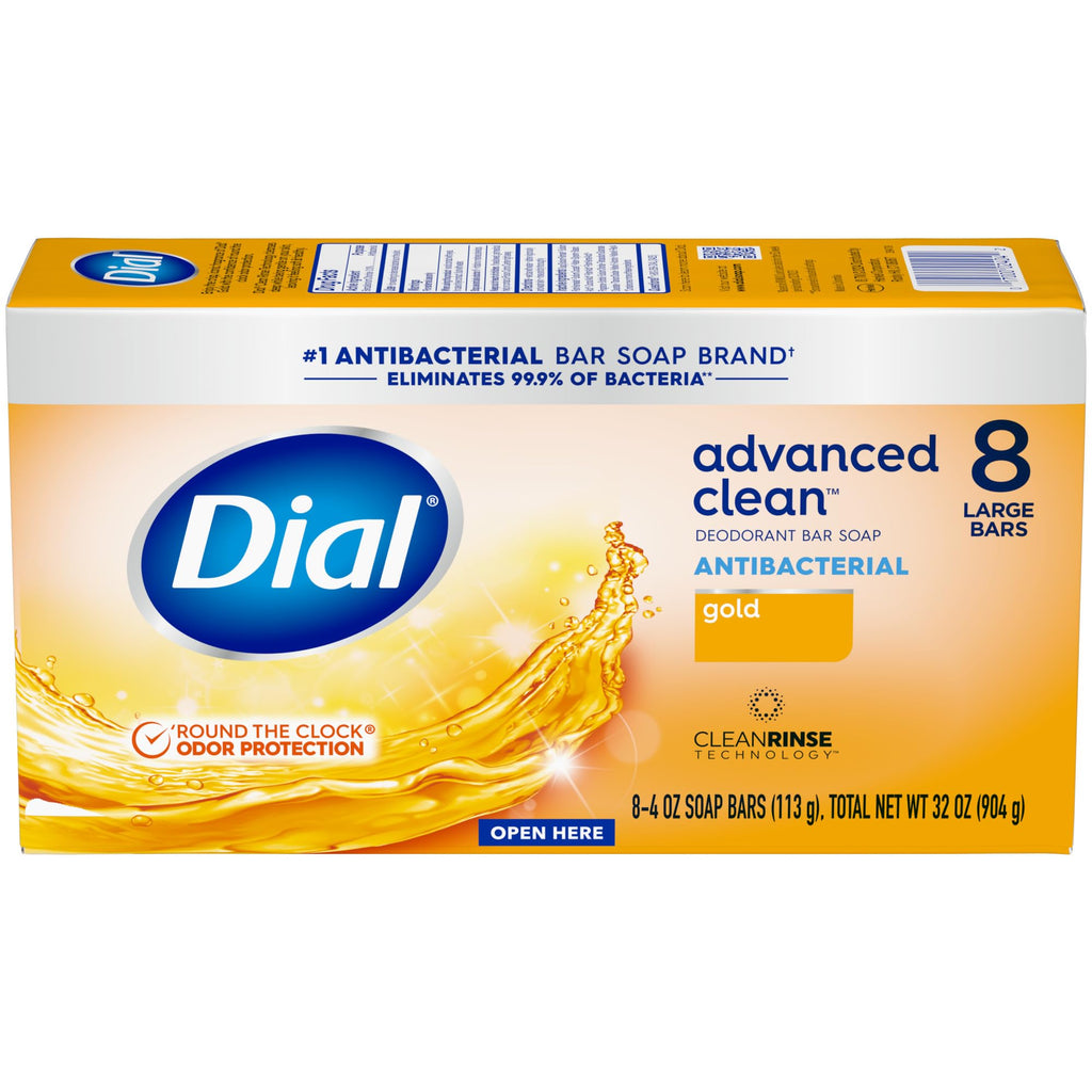 Dial Antibacterial Deodorant Bar Soap, Advanced Clean Gold, 4 Oz, 32 Bars, Round the Clock Odor Protection - FENGGESTORE20