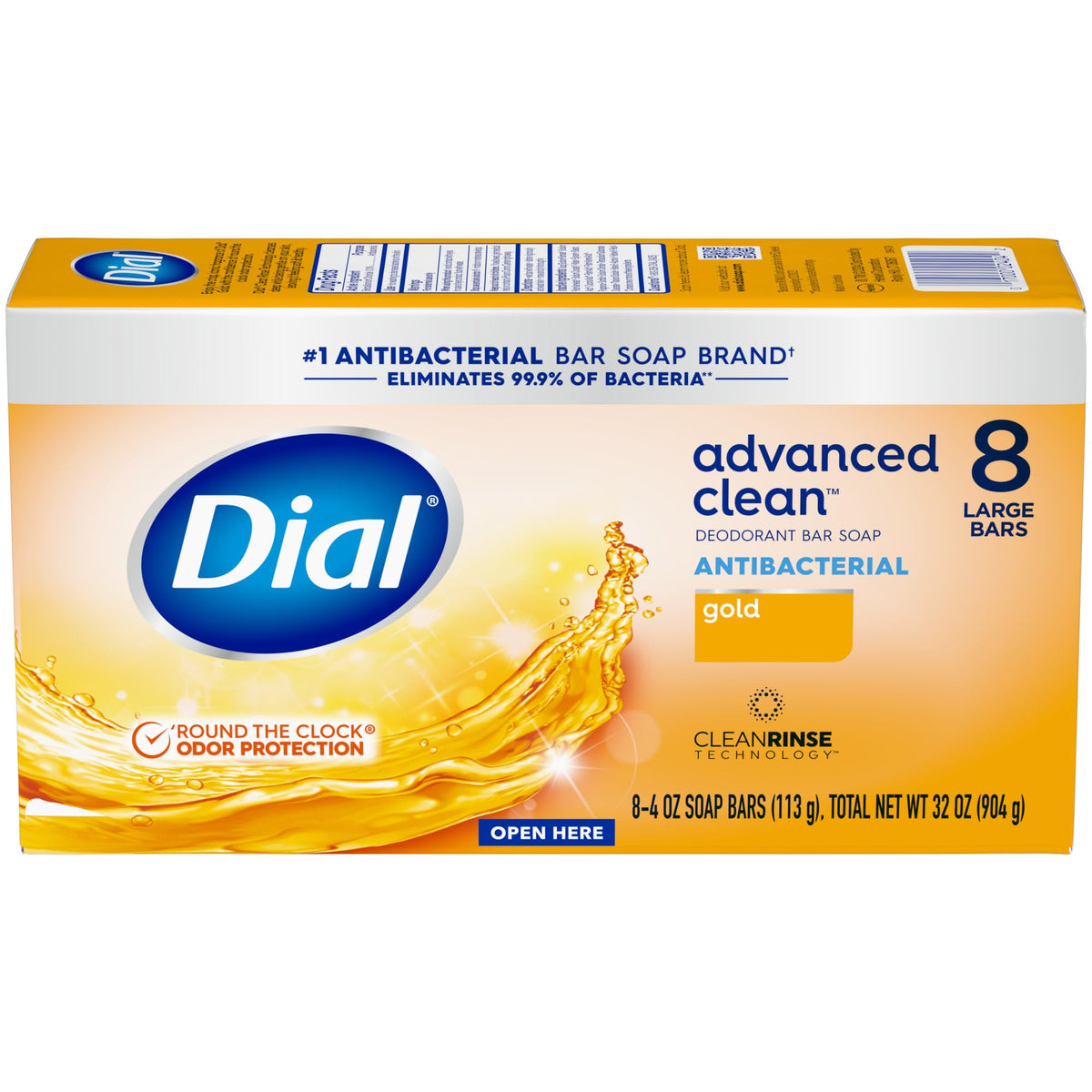 Dial Antibacterial Deodorant Bar Soap, Advanced Clean Gold, 4 Oz, 32 Bars, Round the Clock Odor Protection - FENGGESTORE20