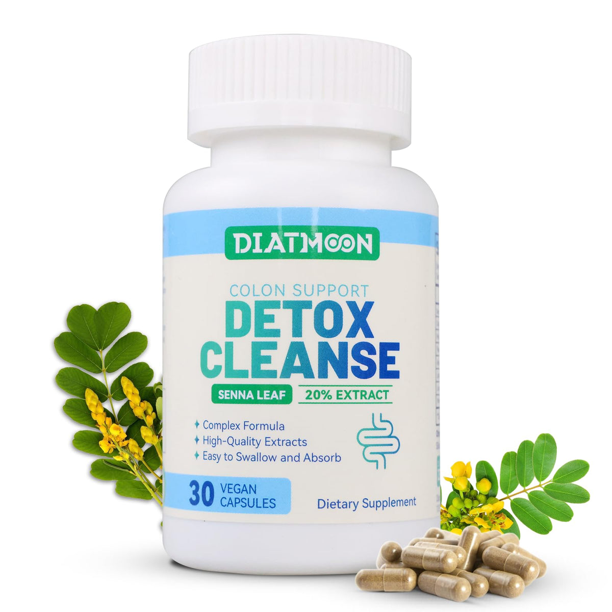 DIATMOON Gut Cleanse Capsules, Gut and Colon Support, Detox & Cleanse, for 15 Days, Non-GMOs, Non-Gluten, Vegan, Colon Cleanse Supplement, 30 Count - FENGGESTORE20