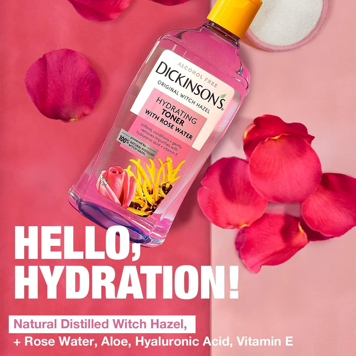 Dickinson's Enhanced Witch Hazel Hydrating Toner with Rosewater, Alcohol Free, 98% Natural Formula, 16 Fl Oz (Pack of 1) - FENGGESTORE20