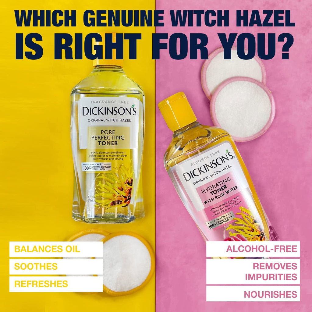 Dickinson's Enhanced Witch Hazel Hydrating Toner with Rosewater, Alcohol Free, 98% Natural Formula, 16 Fl Oz (Pack of 1) - FENGGESTORE20