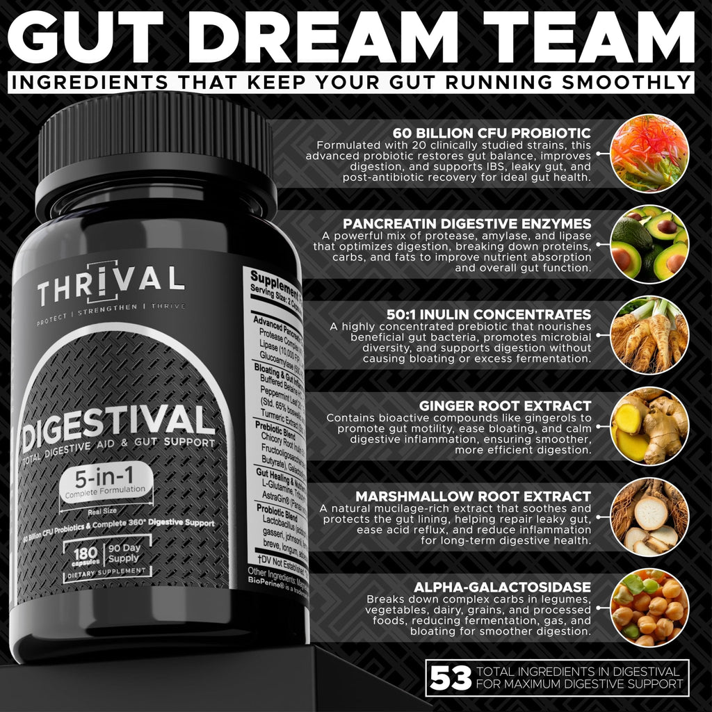 DIGESTIVAL 5-in-1 Gut Health Formula: Probiotics, Prebiotics, Enzymes, Gut Healing & Bloat Relief with 53 Ingredients, 60 Billion CFU, and Advanced Support for IBS, - FENGGESTORE20