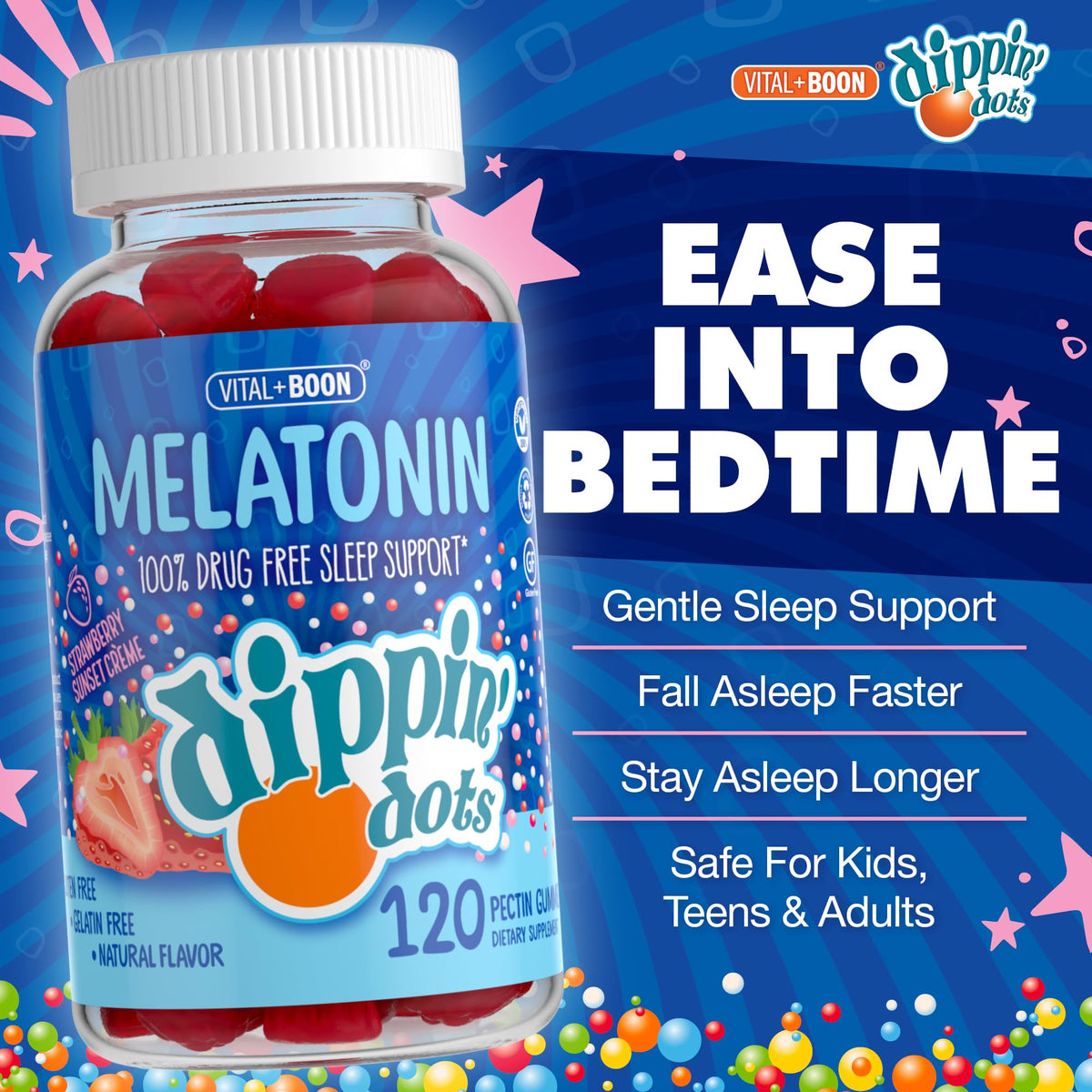 Dippin Dots - Melatonin Gummies for Kids & Adults (60 Days Supply) Strawberry Sunset Creme Flavor | 2.5mg Per Kids Melatonin Supplement for Faster, - FENGGESTORE20