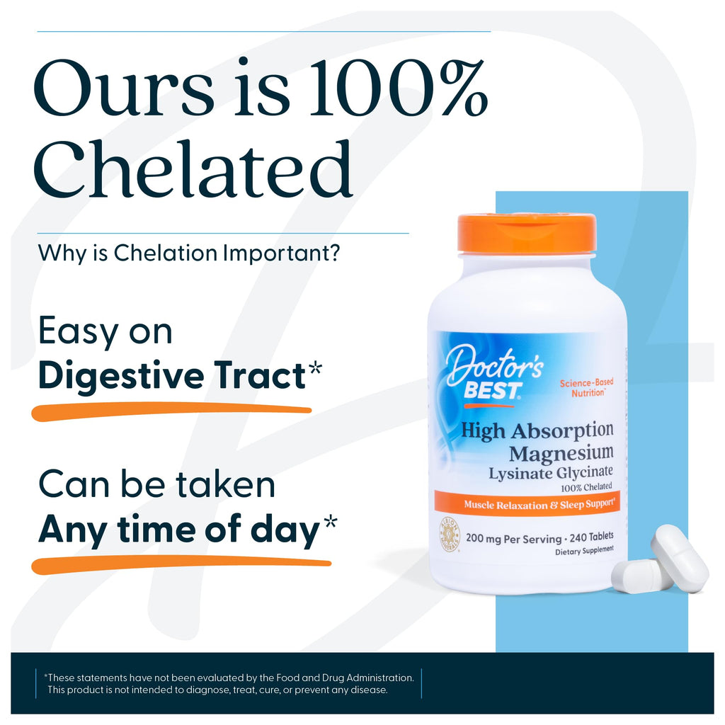 Doctor's Best High Absorption Magnesium Glycinate Lysinate Supplement for Sleep Support - Chelated Magnesium Tablets for Women & Men, 200mg per Serving - FENGGESTORE20