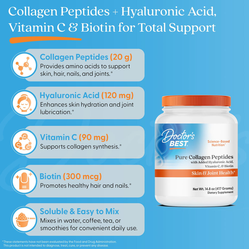 Doctor's BEST Pure Collagen Peptides w/Hyaluronic Acid - Collagen Powder Supplement for Women & Men, Unflavored, 18 g Protein & 90 mg Vitamin C per Serving, Supports Healthy Skin & Hair - 14.8 oz - FENGGESTORE20