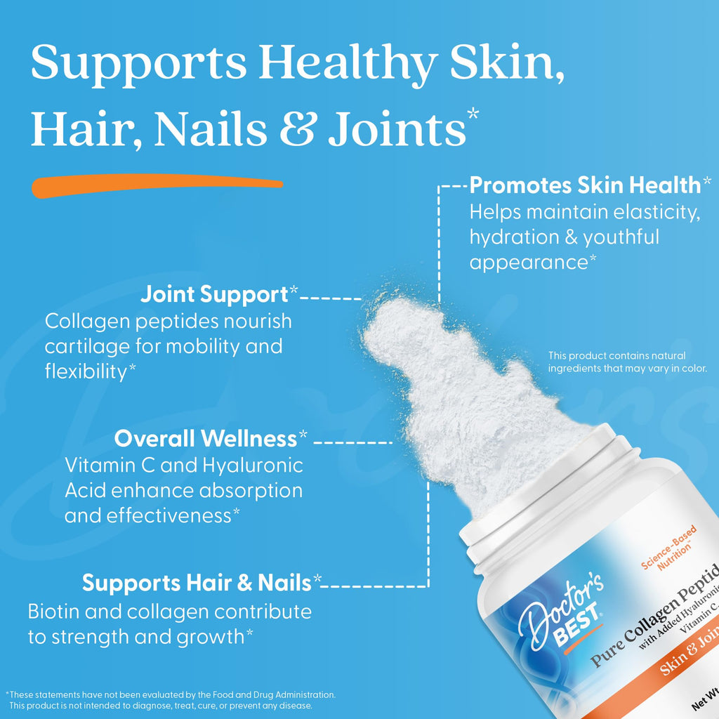 Doctor's BEST Pure Collagen Peptides w/Hyaluronic Acid - Collagen Powder Supplement for Women & Men, Unflavored, 18 g Protein & 90 mg Vitamin C per Serving, Supports Healthy Skin & Hair - 14.8 oz - FENGGESTORE20