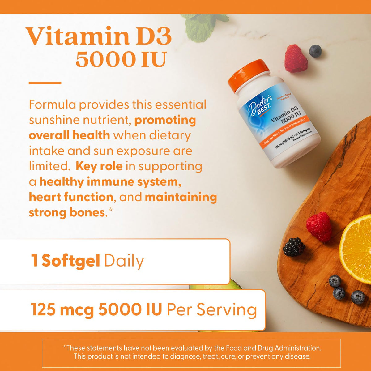 Doctor's Best Vitamin D3 5000 IU Softgels for Men & Women - Vitamin D Supplement for Immune System & Heart Health Support, 125 mcg per Serving, VIT D 3 - FENGGESTORE20