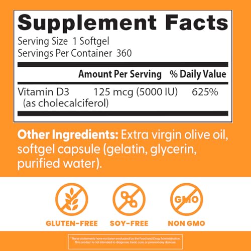 Doctor's Best Vitamin D3 5000 IU Softgels for Men & Women - Vitamin D Supplement for Immune System & Heart Health Support, 125 mcg per Serving, VIT D 3 - FENGGESTORE20