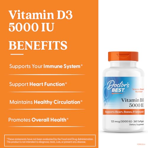 Doctor's Best Vitamin D3 5000 IU Softgels for Men & Women - Vitamin D Supplement for Immune System & Heart Health Support, 125 mcg per Serving, VIT D 3 - FENGGESTORE20