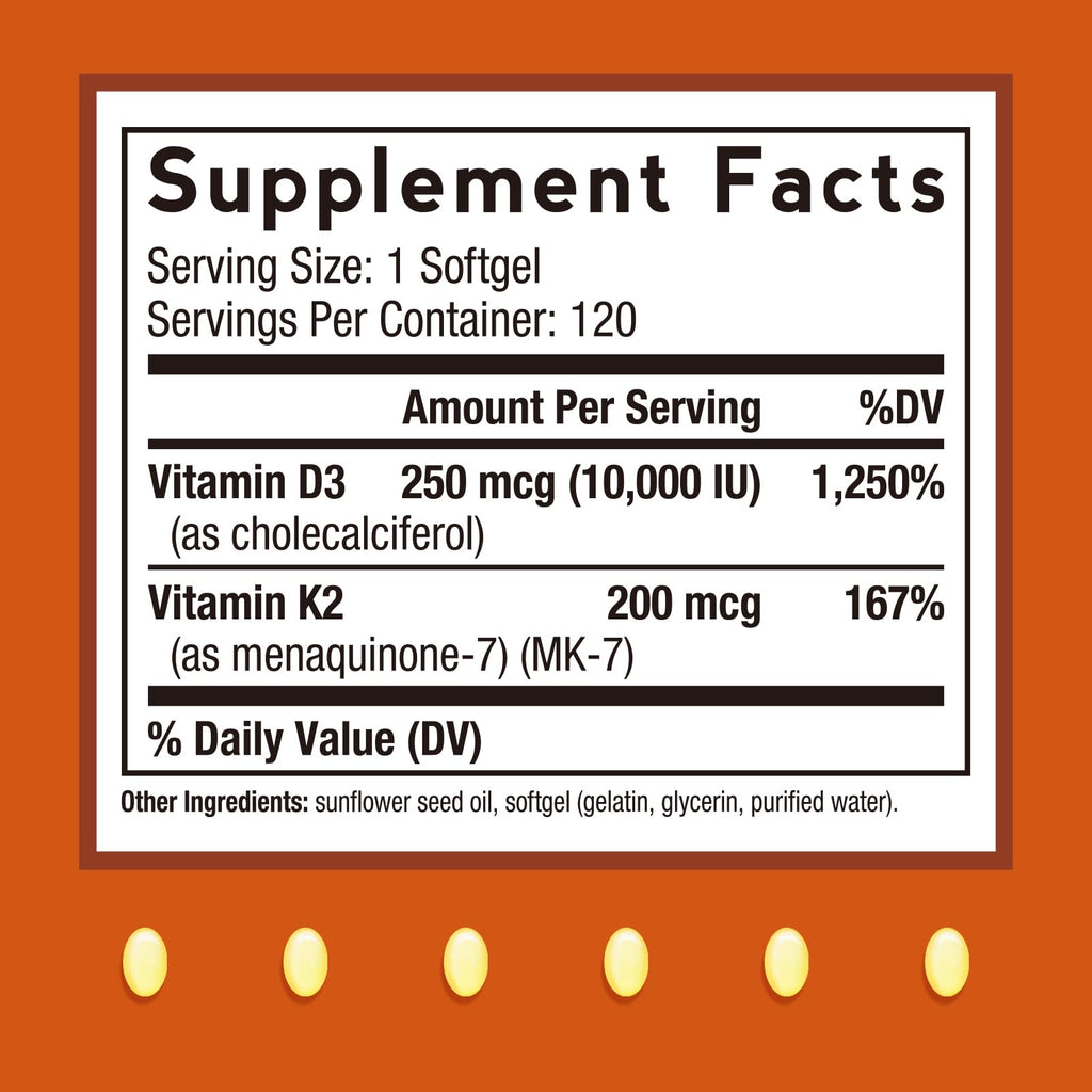 Doctor's Recipes Vitamin D3 K2, 10,000 IU, 200 mcg, MK-7, Strong Bone Density, Teeth, Immune, Heart Support, Energy, Calcium Absorption, - FENGGESTORE20