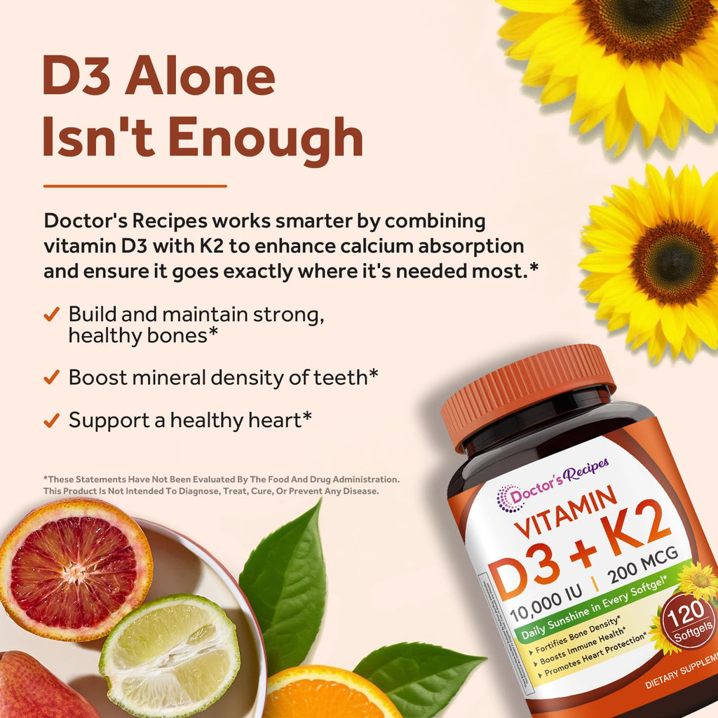 Doctor's Recipes Vitamin D3 K2, 10,000 IU, 200 mcg, MK-7, Strong Bone Density, Teeth, Immune, Heart Support, Energy, Calcium Absorption, - FENGGESTORE20