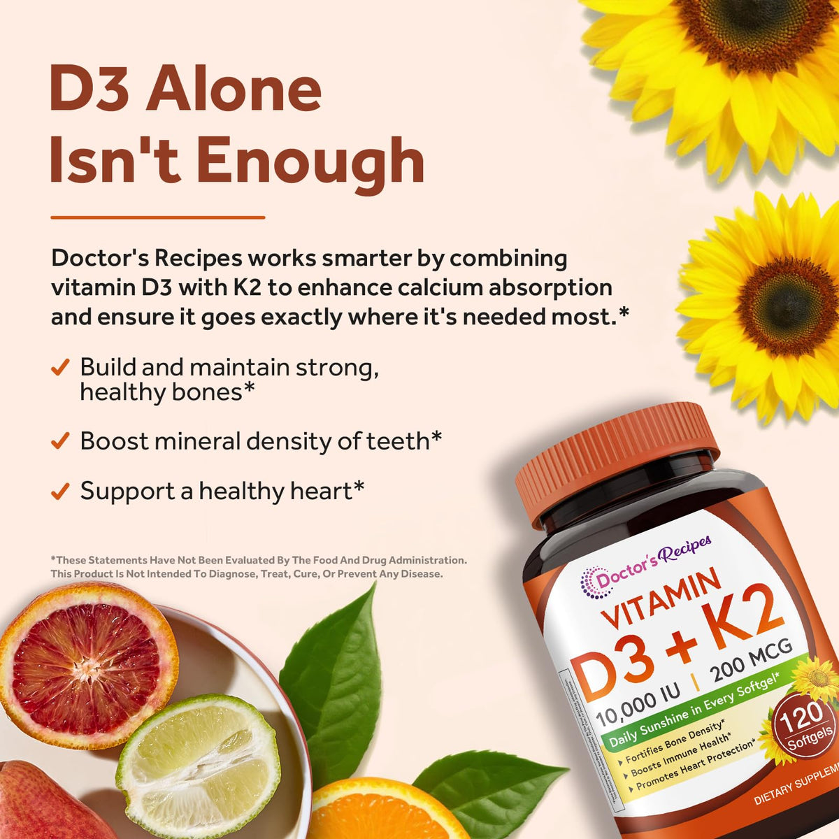 Doctor's Recipes Vitamin D3 K2, 10,000 IU, 200 mcg, MK-7, Strong Bone Density, Teeth, Immune, Heart Support, Energy, Calcium Absorption, - FENGGESTORE20