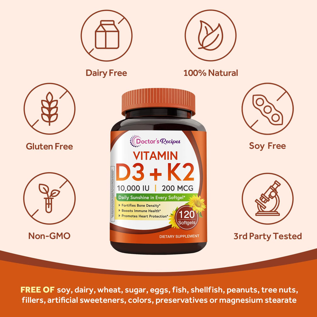 Doctor's Recipes Vitamin D3 K2, 10,000 IU, 200 mcg, MK-7, Strong Bone Density, Teeth, Immune, Heart Support, Energy, Calcium Absorption, - FENGGESTORE20