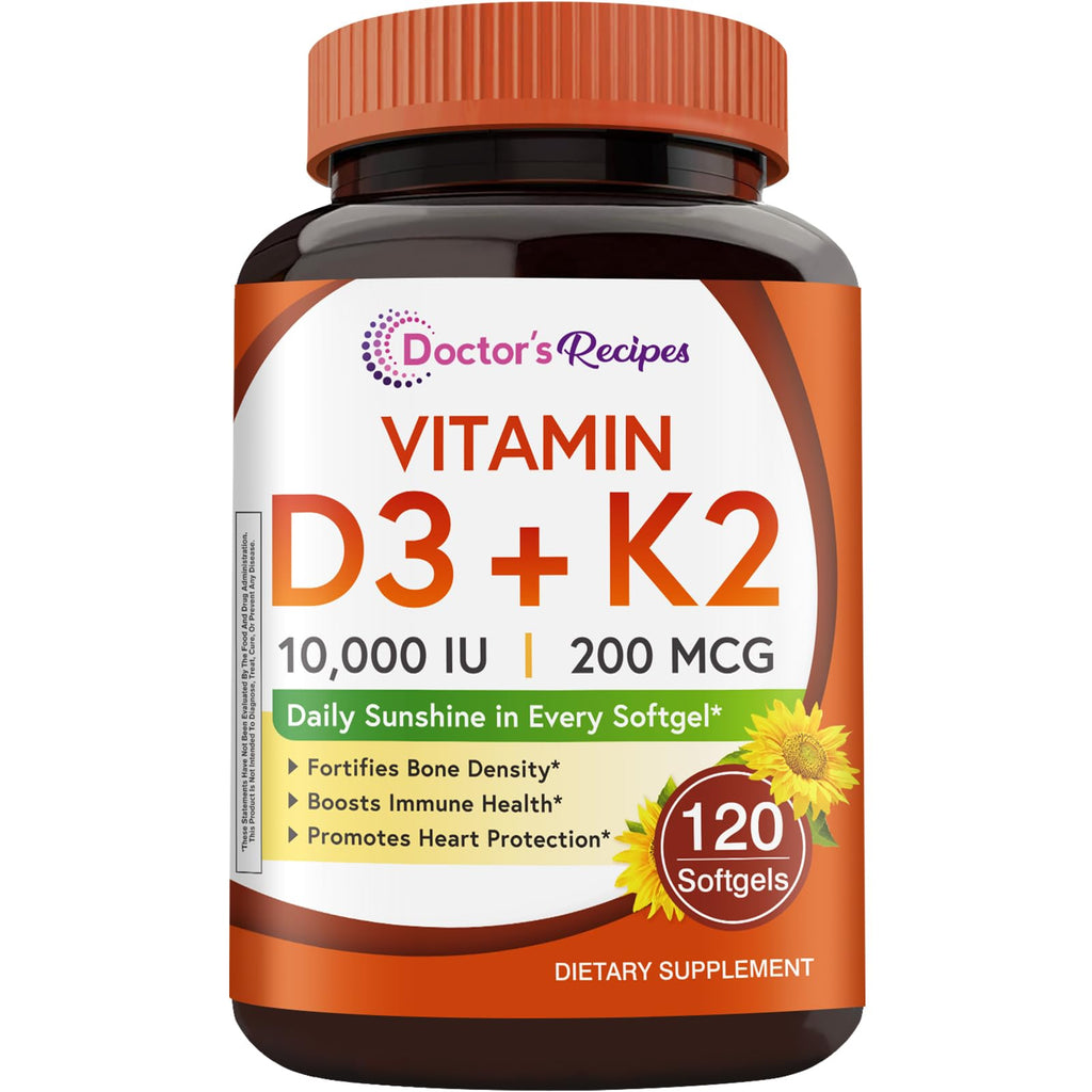 Doctor's Recipes Vitamin D3 K2, 10,000 IU, 200 mcg, MK-7, Strong Bone Density, Teeth, Immune, Heart Support, Energy, Calcium Absorption, - FENGGESTORE20