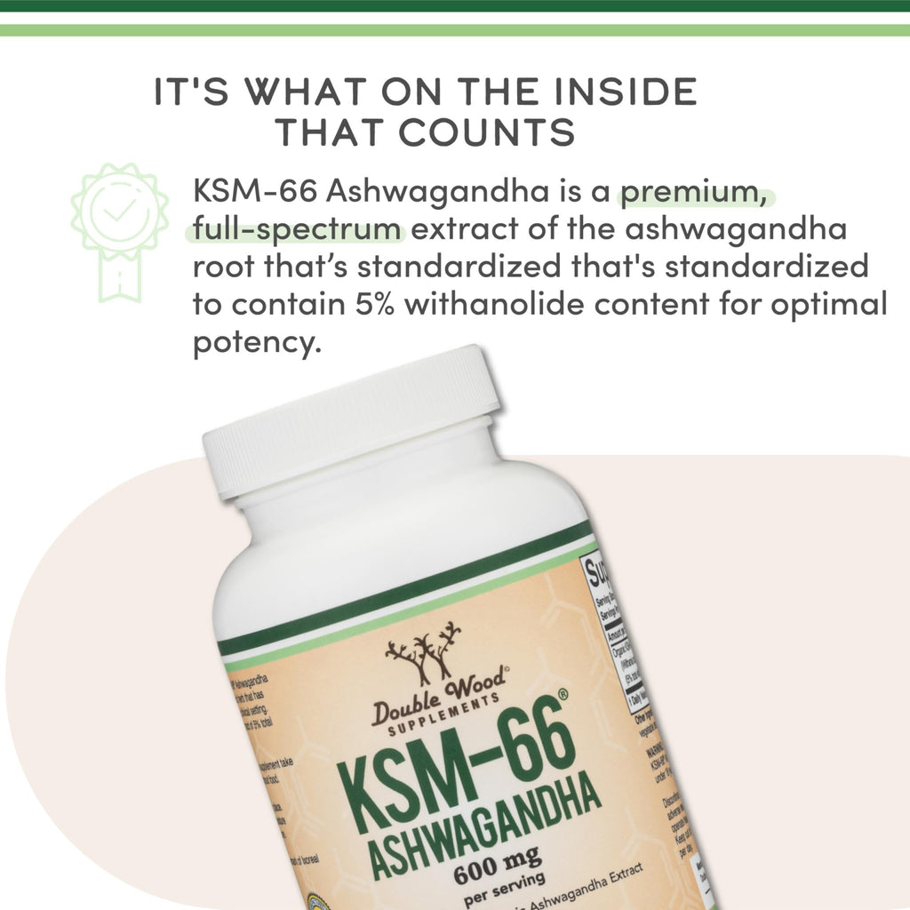 Double Wood Supplements Ashwagandha KSM 66 Organic and Clinically Studied Extract (600mg Per Serving, 120 Capsules, 60 Servings) - FENGGESTORE20