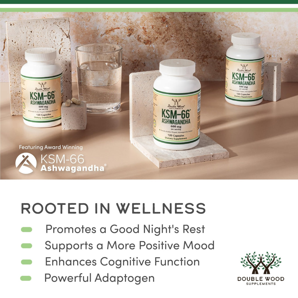 Double Wood Supplements Ashwagandha KSM 66 Organic and Clinically Studied Extract (600mg Per Serving, 120 Capsules, 60 Servings) - FENGGESTORE20