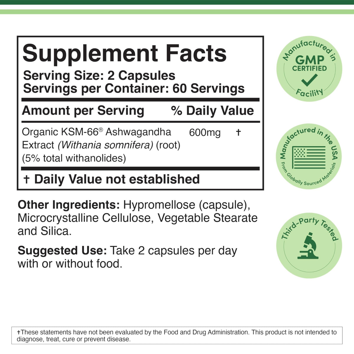 Double Wood Supplements Ashwagandha KSM 66 Organic and Clinically Studied Extract (600mg Per Serving, 120 Capsules, 60 Servings) - FENGGESTORE20
