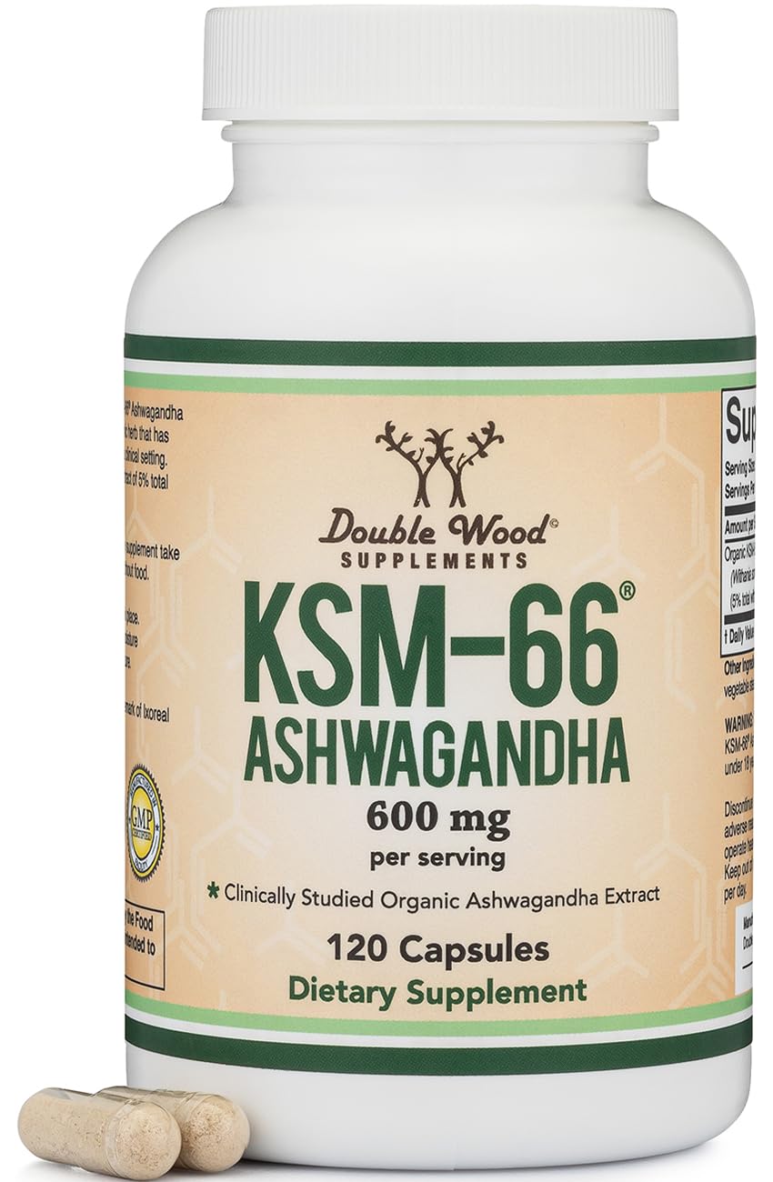 Double Wood Supplements Ashwagandha KSM 66 Organic and Clinically Studied Extract (600mg Per Serving, 120 Capsules, 60 Servings) - FENGGESTORE20