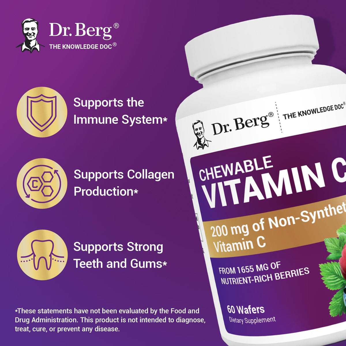 Dr. Berg Chewable Vitamin C Complex - Made with Organic, Non-GMO Berries - 60 Delicious Wafers - FENGGESTORE20