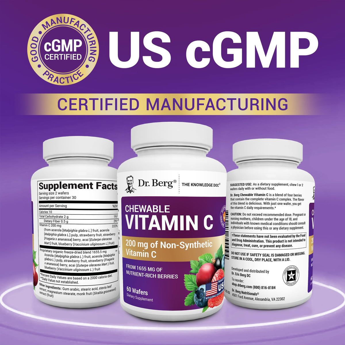 Dr. Berg Chewable Vitamin C Complex - Made with Organic, Non-GMO Berries - 60 Delicious Wafers - FENGGESTORE20