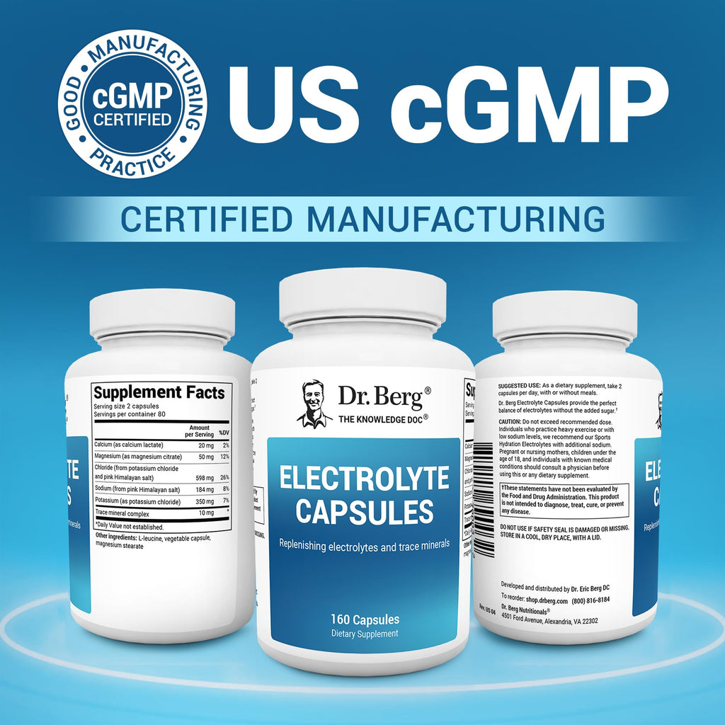 Dr. Berg Electrolyte Capsules - Electrolyte Supplements for Supporting Energy, Endurance, and Hydration - Sugar Free, No Maltodextrin, Keto Friendly - 160 Caps - FENGGESTORE20