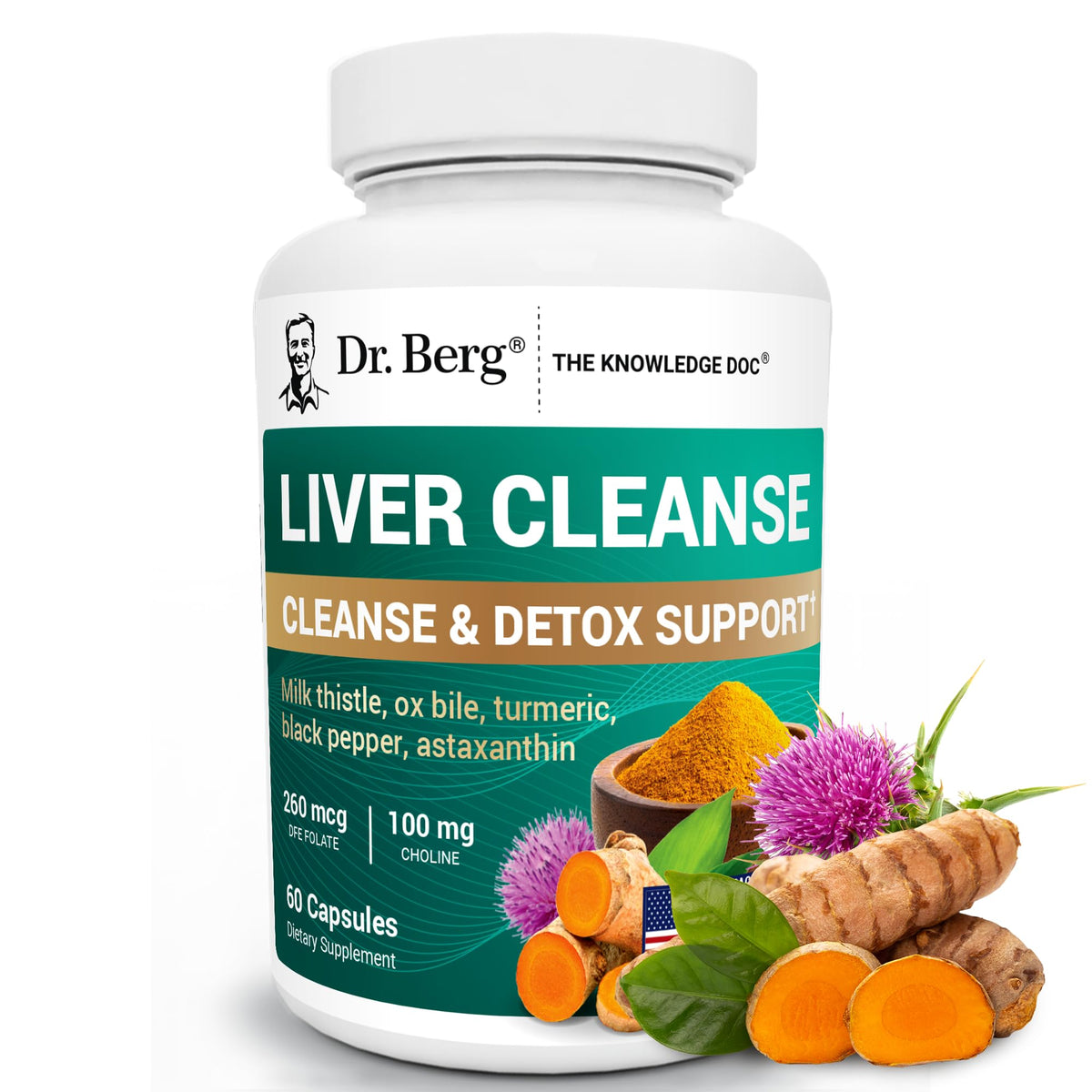 Dr. Berg Liver Cleanse Detox Capsules w/Unique Blend of Milk Thistle, Ox Bile & Folate - Liver Supplement Includes Turmeric, Black Pepper & Choline - 60 Capsules - FENGGESTORE20