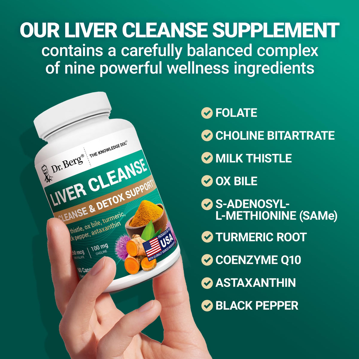 Dr. Berg Liver Cleanse Detox Capsules w/Unique Blend of Milk Thistle, Ox Bile & Folate - Liver Supplement Includes Turmeric, Black Pepper & Choline - 60 Capsules - FENGGESTORE20