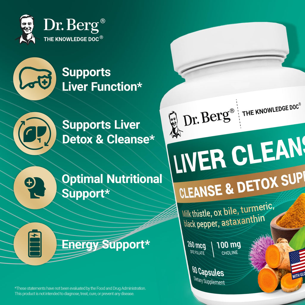 Dr. Berg Liver Cleanse Detox Capsules w/Unique Blend of Milk Thistle, Ox Bile & Folate - Liver Supplement Includes Turmeric, Black Pepper & Choline - 60 Capsules - FENGGESTORE20
