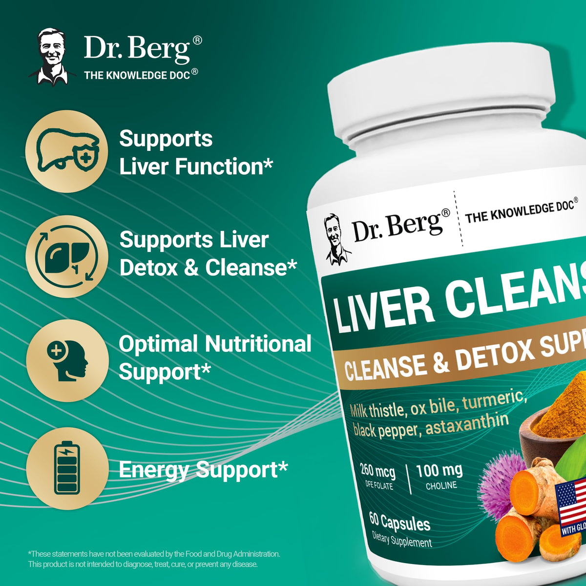 Dr. Berg Liver Cleanse Detox Capsules w/Unique Blend of Milk Thistle, Ox Bile & Folate - Liver Supplement Includes Turmeric, Black Pepper & Choline - 60 Capsules - FENGGESTORE20