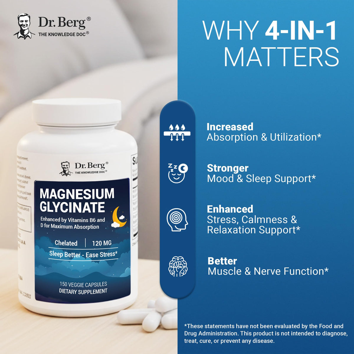 Dr. Berg Magnesium Glycinate 150ct – 4-in-1 Chelated for Muscle, Nerve, Sleep & Stress Support*– w/ D3, B6 & Zinc – 4X Lab-Tested - FENGGESTORE20