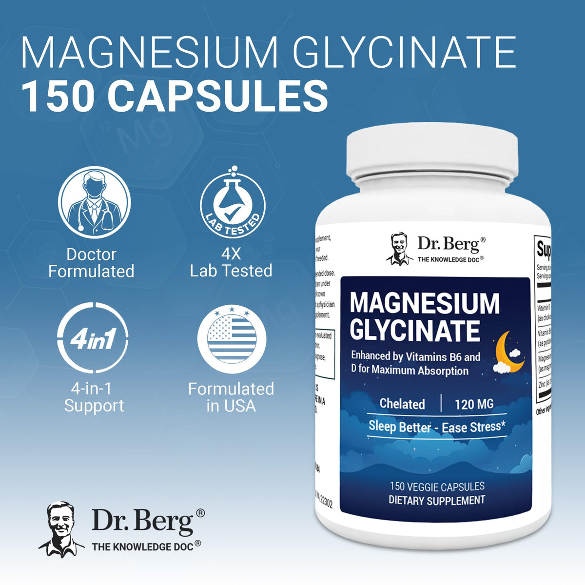 Dr. Berg Magnesium Glycinate 150ct – 4-in-1 Chelated for Muscle, Nerve, Sleep & Stress Support*– w/ D3, B6 & Zinc – 4X Lab-Tested - FENGGESTORE20