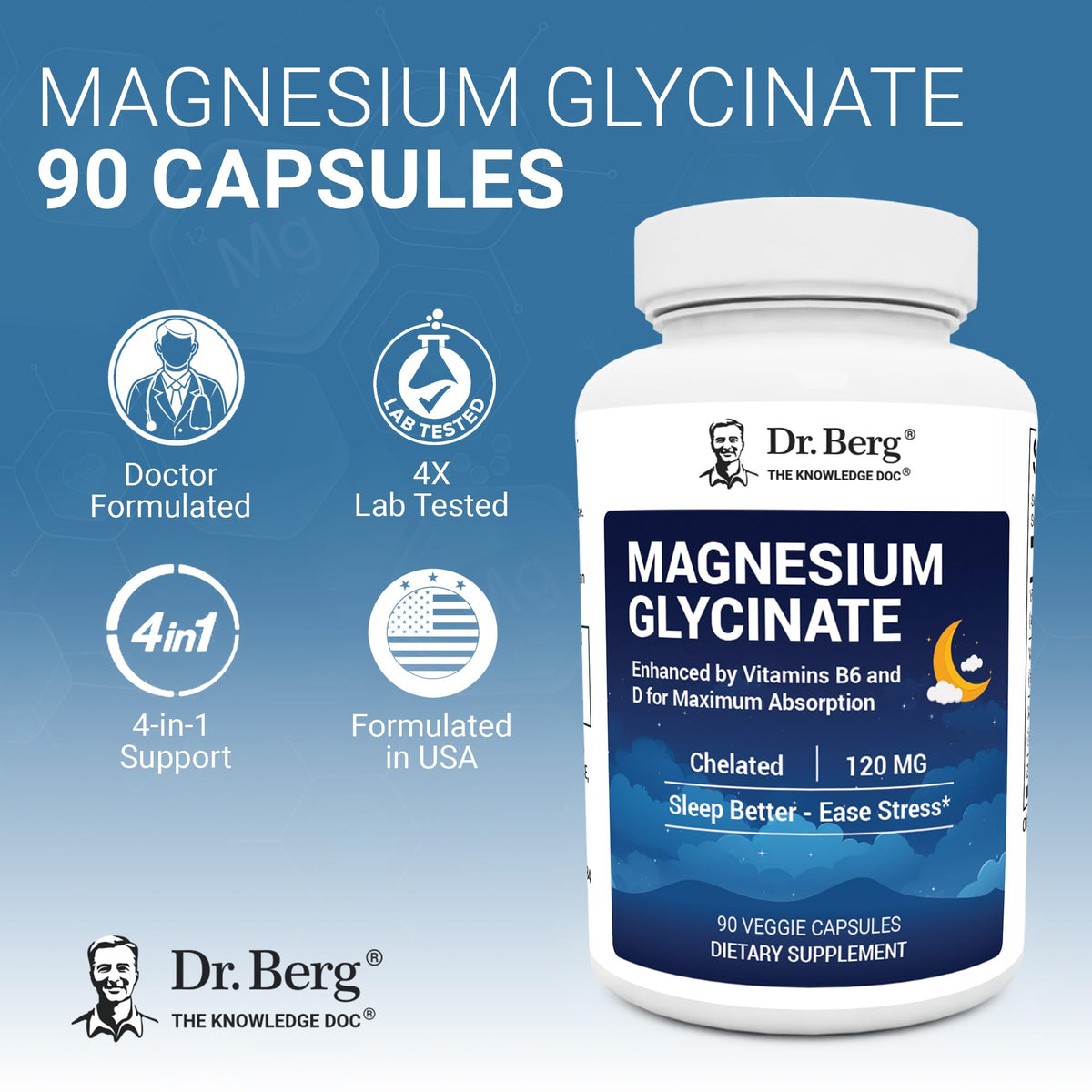 Dr. Berg Magnesium Glycinate 90ct – 4-in-1 Chelated for Muscle, Nerve, Sleep & Stress Support*– w/ D3, B6 & Zinc – 4X Lab-Tested – No Fillers – Formulated in USA, GMP-Certified - FENGGESTORE20