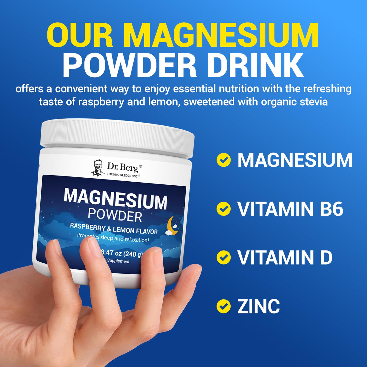 Dr. Berg Magnesium Glycinate Powder for Sleep, Relaxation, & Stress Relief - Now Includes Vitamin D3 & Zinc - Delicious Raspberry & Lemon Flavor (50 Servings) Magnesium Powder - Magnesium Drink Powder - FENGGESTORE20