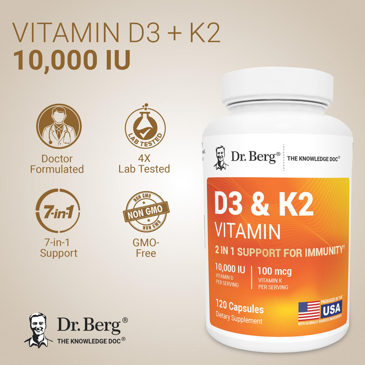 Dr. Berg Maximum Strength 2-in-1 Vitamin D3 K2 10,000 IU | Naturally Derived D3 | 4X Lab-Tested & Verified | High Absorption Formula - FENGGESTORE20