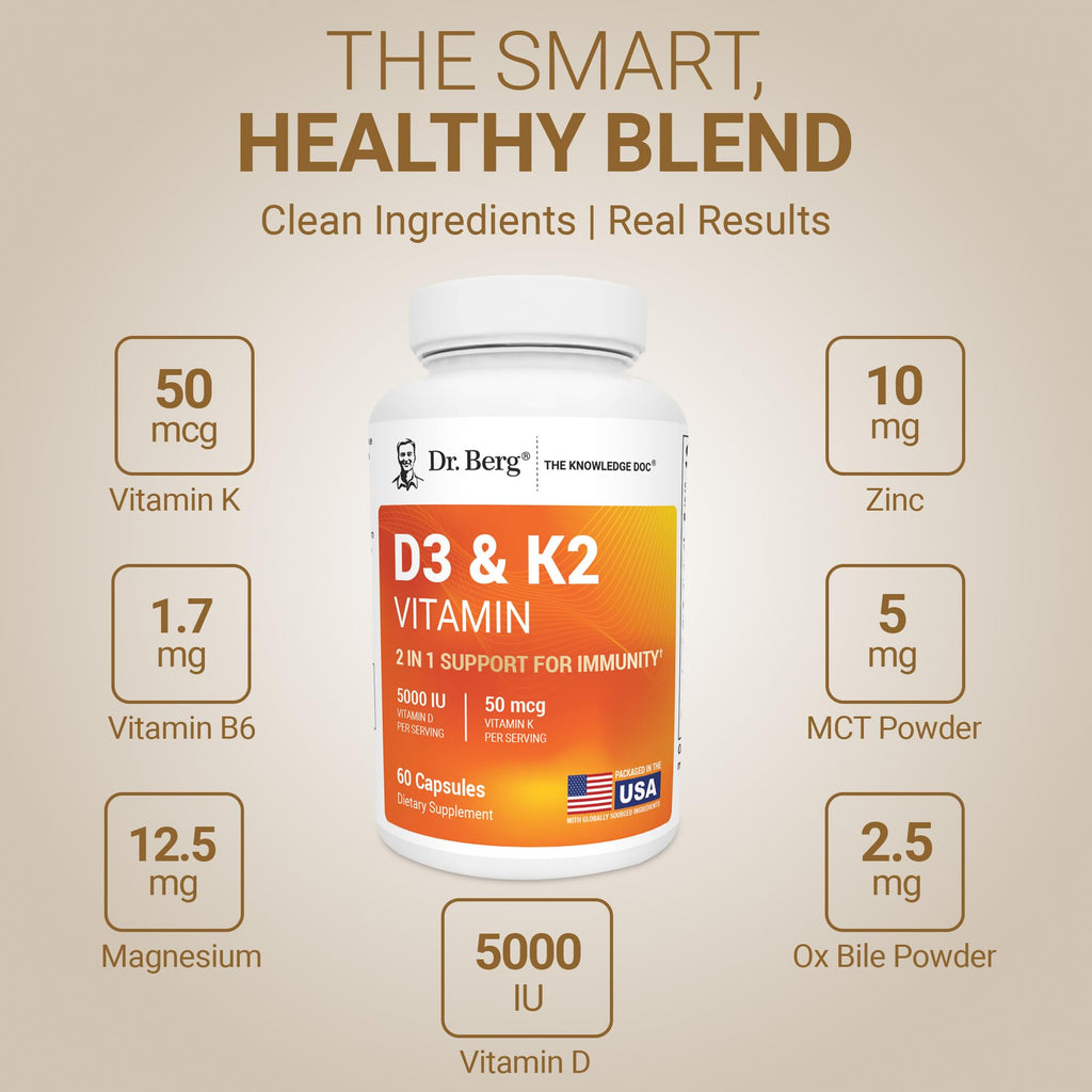 Dr. Berg Maximum Strength 2-in-1 Vitamin D3 K2 5,000 IU | Naturally Derived D3 | 4X Lab-Tested & Verified | High Absorption Formula - FENGGESTORE20